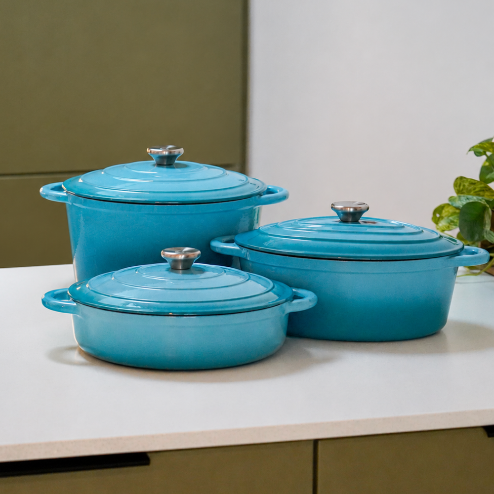 Gietijzeren set - 3-delige kookpannenset (Artic Blue)