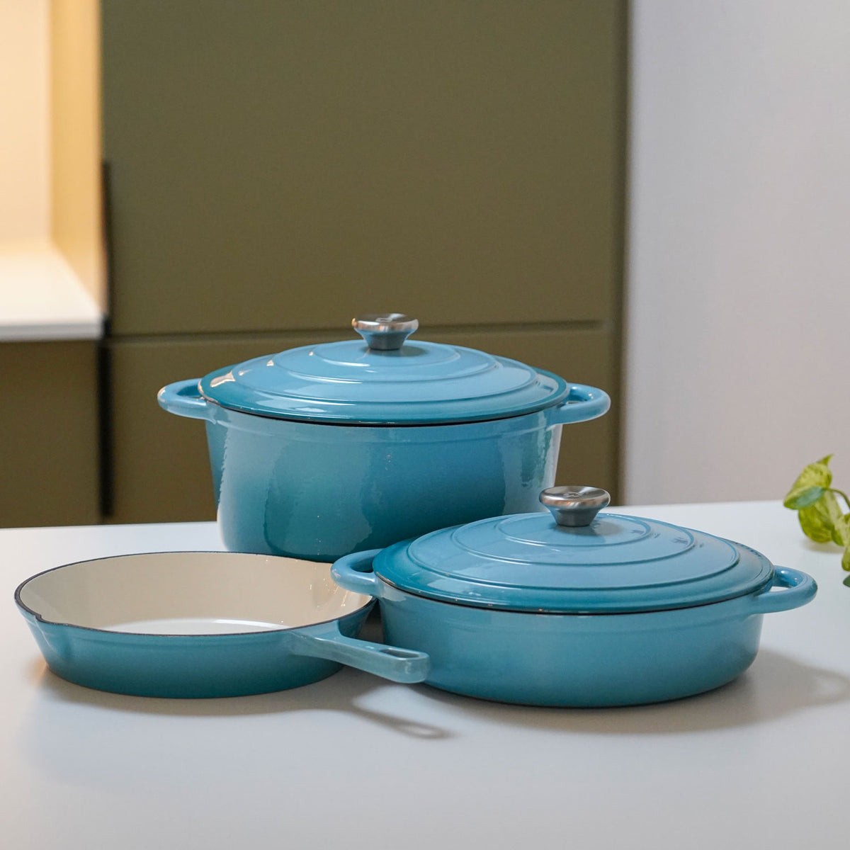 Set van geëmailleerde gietijzeren braadpannen en koekenpannen van Qookware